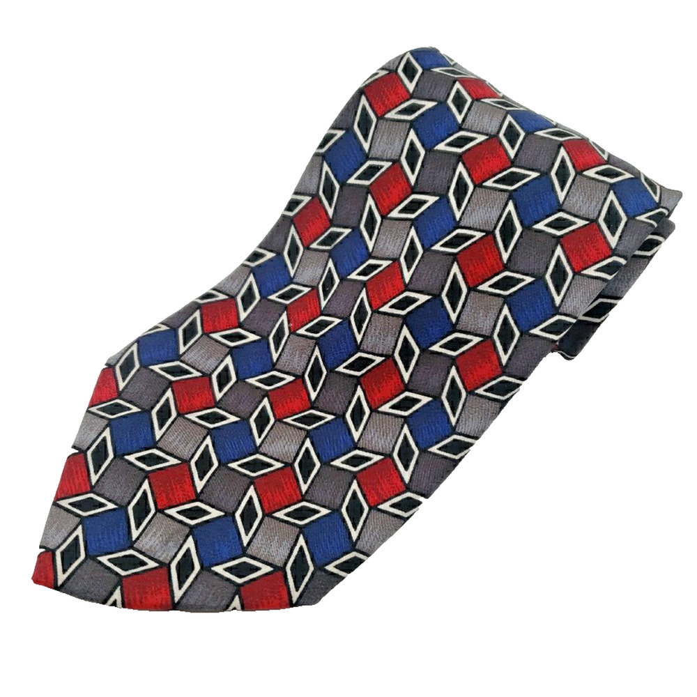 Geoffery Beene Blue-Red-Gray Geometric Silk Necktie - Like New